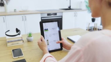 Kafkasyalı bir kadın modern mutfakta online alışveriş sitesinde tablet üzerinde geziniyor. Orta yaşlı kadın son kozmetik ürünlerini kontrol ediyor..
