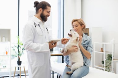 Genç yetişkin kadın sahibi olan erkek veteriner modern klinikte beyaz köpeği muayene ediyor. Gülümseyen doktor bakım sağlıyor. Hayvan sağlığı, hayvan bakımı, veterinerlik hizmeti, arkadaşlık kavramı.