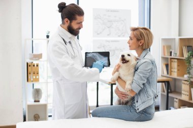 Sakallı veteriner ve beyaz köpeği tutan kadın röntgen sonuçlarını tartışıyorlar. Ceket ve eldiven giyen bir erkek veteriner, kısa saçlı bir kadın oturuyor, kollarında neşeli bir köpek..