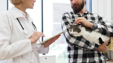 Veteriner, elinde kedi tutan adama tıbbi geçmişi ya da reçeteyi açıklamak için tablet kullanıyor. Görüntü yardım, hayvan bakımı ve gelişmiş teknolojiyle etkileşim gösteriyor