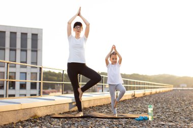 Anne ve kızı çatıda yoga yapıyor. Açık hava aktiviteleri, sağlık yardımları, güneşli bir gün..