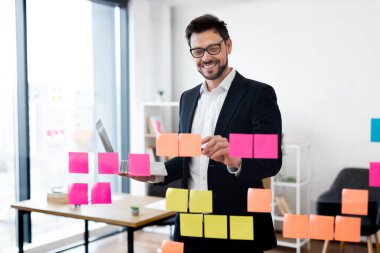 Resmi takım elbiseli orta yaşlı bir adam modern ofisteki şeffaf camlara yapışkan notlar düzenliyor. İş planlaması, yaratıcılık ve organizasyon kavramı.