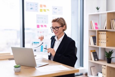 Ofisteki iş kadını veri tablolarını ve tartışma eğilimlerini gösteren online sunum sunuyor. Kadın profesyonel, 30 'lu yaşlarda, analizci..