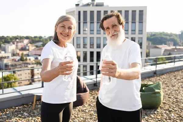 Sakallı yaşlı bir adam ve egzersizden sonra çatıda elinde şişe suyla gülümseyen bir kadın. Kentsel altyapı, gündüz ayarı, ikilisi emeklilikte sağlık, su ve canlılığı simgeliyor.