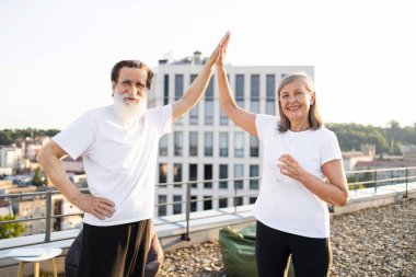Yaşlı bir adam ve kadın çatıda beşlik çakarak spor yapmayı kutluyorlar. Arka planda kentsel ufuk çizgisi olan dış mekan. Yaşlılıkta sağlık, mutluluk ve aktif yaşam tarzı kavramı.