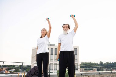 Yaşlı beyaz erkek ve kadın halterleri kaldırıyor, aktif yaşam tarzını ve formda kalmayı destekliyor. Sağlıklı yaşlanma, spor faaliyetleri ve açık havada çatıda yapılan egzersizler üzerinde duruluyor..