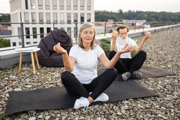 Yaşlı bir çift çatıda meditasyon yapıyor. Lotus 'ta oturan orta yaşlı erkek ve kadın, farkındalığı ve rahatlığı teşvik ediyor. Huzurlu ortam huzuru ön plana çıkarır.