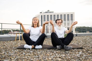 Kıdemli adam ve kadın birlikte meditasyon yapıyorlar, çatı taşlarının üzerinde lotus pozu veriyorlar. Sakinlik ve barışçıl enerji yayıyor. Rahat kıyafetler açık hava sanatsal çevre kentsel binalarına uyuyor