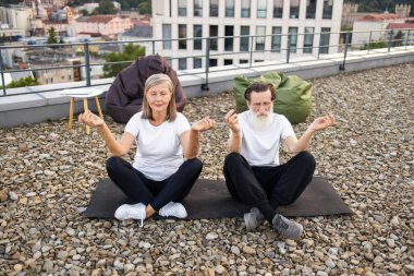 Beyaz tişörtlü yaşlı adam ve kadın Lotus 'ta yoga meditasyonu yapıyorlar açık havada çatıda poz veriyorlar. Belirgin, sakin ve barışçıl ifadeler.