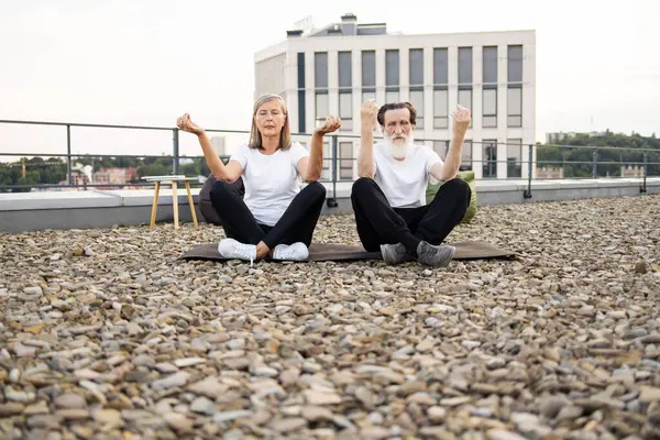 Üst düzey erkek ve kadın çatıda bağdaş kurarak oturuyorlar. Açık havada farkındalık ve rahatlama egzersizleri yapıyorlar..