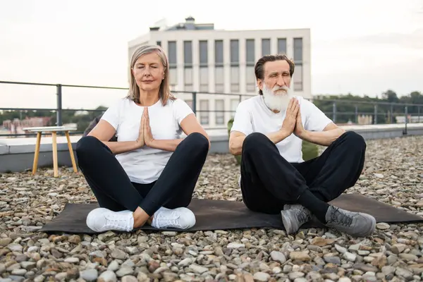 Üst düzey erkek ve kadın çatıda oturmuş yoga meditasyonu yapıyorlar. Sakin atmosferde dikkatli namaste pozu vermek fitness, rahatlama ve ahengi yansıtır..