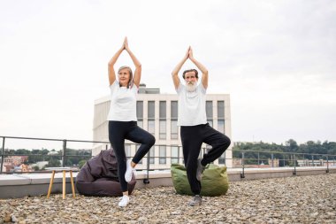 Yaşlı bir adam ve kadın, şehrin çatısında yoga egzersizi yapıyorlar. Sağlıklı yaşam tarzı, zindelik.