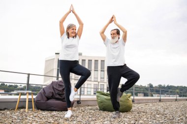 Yaşlı adam ve kadın yoga yapıyorlar. Çatı katı inşaatında. Sağlık, denge, spor..