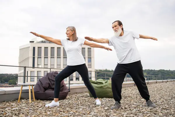 Yaşlı bir adam ve kadın çatıda birlikte yoga yapıyorlar. Savaşçı pozunda, refah ve zindeliği destekliyorlar.