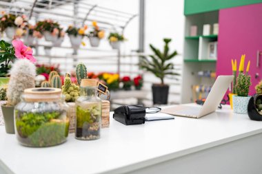 Güzel düzenlenmiş bir çiçekçi dükkanı. İçinde bitkiler, bir dizüstü bilgisayar ve ödeme ekipmanları olan beyaz bir masa..