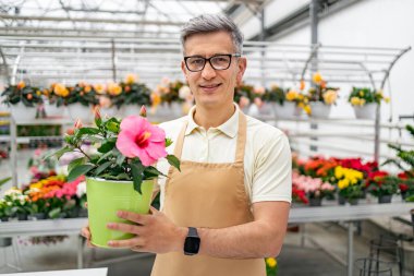 Önlüklü beyaz bir adam, elinde çiçek saksısı çiçeğiyle diğer bitkilerle çevrili bir çiçekçide gülümsüyor..