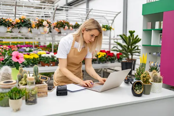 Beyaz bir kadın, renkli bitkiler ve çiçeklerle çevrili bir çiçekçinin masasında dizüstü bilgisayarda çalışıyor..