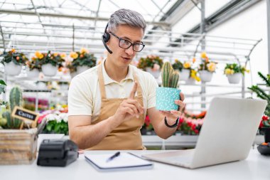 Videodaki beyaz bir çiçekçi, çiçekçisinde çalışırken bir kaktüsü sunar. Fabrikayı satmak için dizüstü bilgisayar kullanır..