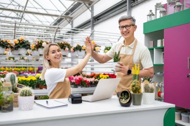 İki çiçekçi dükkanlarında başarılı bir satışı kutluyor. Neşeli sahnede bitkiler ve çiçeklerle beşlik çakıyorlar..