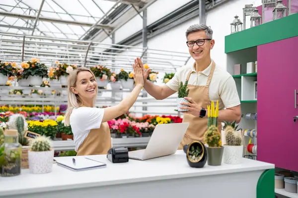İki çiçekçi dükkanlarında başarılı bir satışı kutluyor. Neşeli sahnede bitkiler ve çiçeklerle beşlik çakıyorlar..