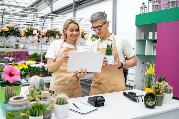 Bir çiçekçi ve bir müşteri mağazadaki satıştayken dizüstü bilgisayarı kontrol ediyorlar. Kadın dizüstü bilgisayarı tutuyor, ve adam saksı bitkisini tutuyor..