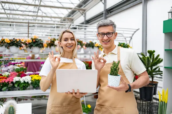 İki Kafkasyalı çiçekçi canlı dükkanlarında bir bitki ve dizüstü bilgisayar gösteriyorlar. Çalışanlar işlerinden memnun ve mutlu görünüyorlar..
