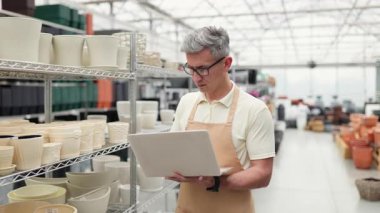 Dükkanda dizüstü bilgisayarı olan bir adam raflardaki saksılara bakıyor, bakınıyor ve bir seçim yapıyor..