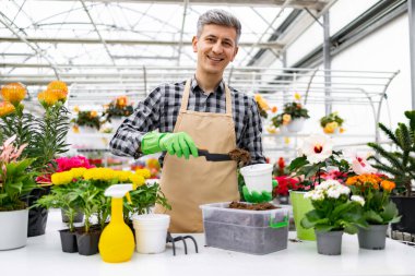 Serada gülümseyen bir adam çiçek nakleder, önlük ve eldiven takar..