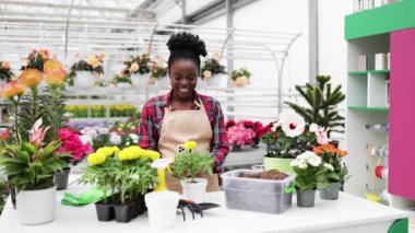Bir serada gülümseyen siyah bir kadın telefonuna bakar. Etrafı renkli çiçeklerle çevrilidir..