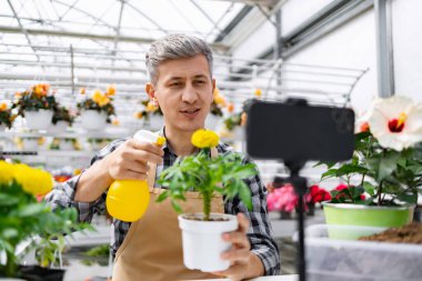 Bir adam bir serada video kaydederken saksı bitkisine sprey sıkar. Diğer bitkiler ve çiçekler de görülebilir..