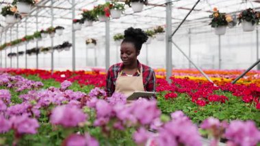 Canlı çiçeklerle dolu renkli bir serada tablet mimikleri olan bir kadın..