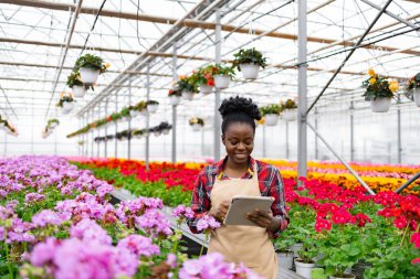 Afro-Amerikalı bir kadın çiçeklerle çevrili renkli bir serada tablet kullanırken gülümsüyor..