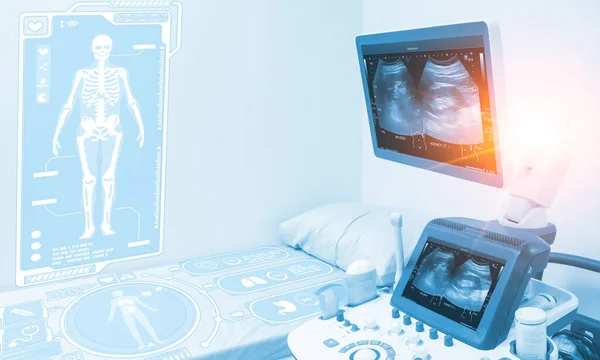 Examination Patient Bedside Inward Abstract Projection Ultrasound Abdomen Screen Hologram — Stock Photo, Image