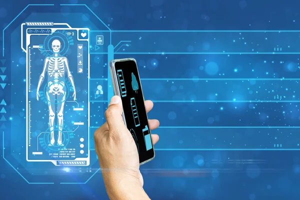 Chat with AI or Artificial Intelligence technology. patient using a smartphone to medical chat with intelligent artificial intelligence. Futuristic technology. automate chatbot