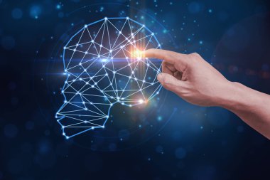 Işıltılı parlak ışıklar, renkli arka plan, Yapay Zeka Makinesi İş Öğrenme İnternet Teknolojisi Konsepti üzerindeki el ve ağ bağlantısına dokunmak.
