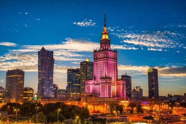 Início Noite Varsóvia Com Vista Para Palácio Ciência Cultura Polónia Imagem De Stock