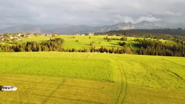 Drone Tiro Voando Sobre Bela Cordilheira Vendo Árvores Plantas Campos — Vídeo de Stock