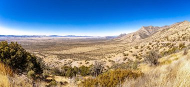 A panoramic view of the desert grasslands of southern Arizona with a clear blue sky.