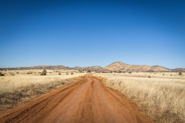 A dirt road leading off into the distance to mountains on the horizon under a clear blue sky.