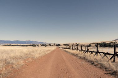 A lonely dirt road through the grasslands along the border between the United States and Mexico in Arizona.