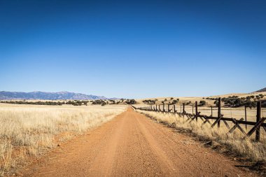 A lonely dirt road through the grasslands along the border between the United States and Mexico in Arizona.