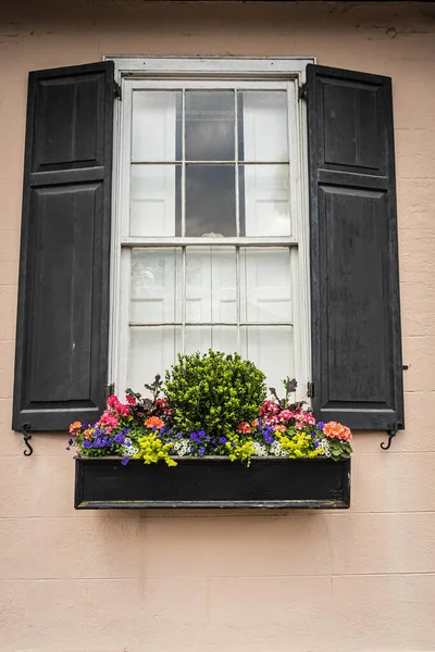 stock image Close up of the color windows of a colonial era home in Charleston, South Carolina