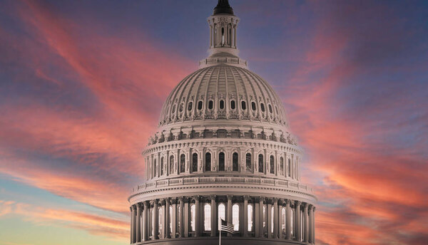 Panoramic image of the dome of the Capitol building of the United States with a bright neutral background.