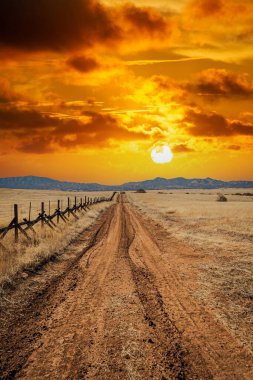 A lonely dirt road through the grasslands along the border between the United States and Mexico in Arizona.