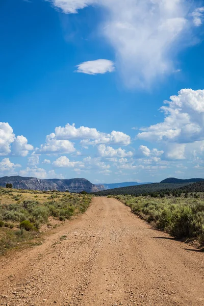 stock image A rural dirt road leading off to distant mountains under a partially cloudy blue sky.