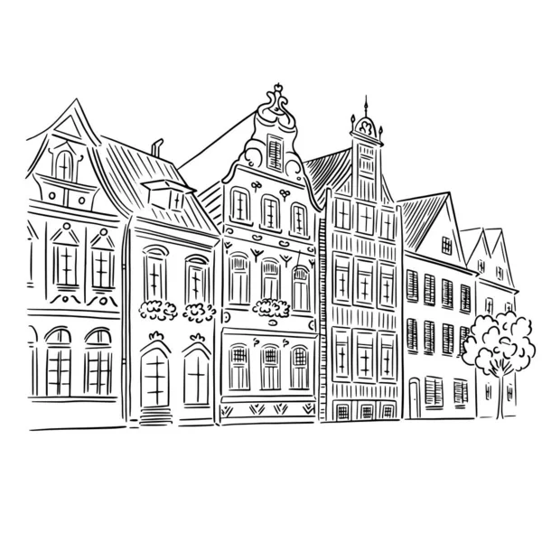 Vecchio Edificio Disegnato Prospettiva Illustrazione Lineare Schizzo — Vettoriale Stock