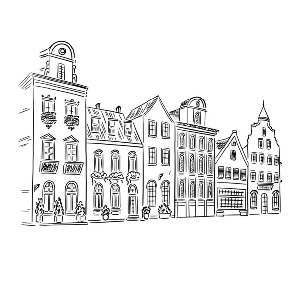 Viejo Edificio Dibujado Perspectiva Ilustración Lineal Boceto — Vector de stock
