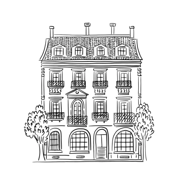 Vieux Bâtiment Dessiné Illustration Linéaire Croquis — Image vectorielle