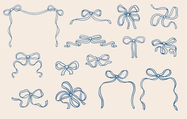 Tuhaf Coquette El Çizimi Dekoratif Yay Koleksiyonu Vektör Çizgisi Sanat Resimleri. Retro biçimi.