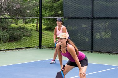 Two smiling pickleball players prepare for action on a suburban pickleball court during summer.